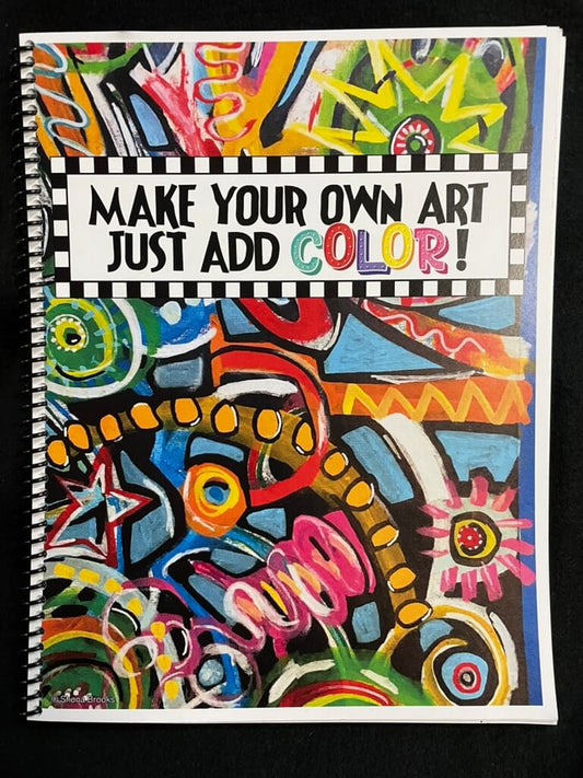 Colorful art notebook with text 'Make your own art just add color!' on a black background