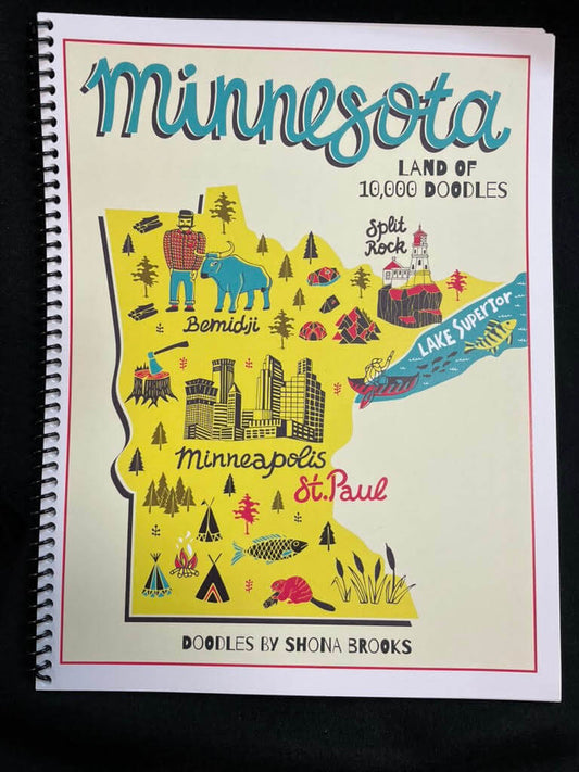 Book cover of 'Minnesota: Land of 10,000 Doodles' with a map illustration on a black background